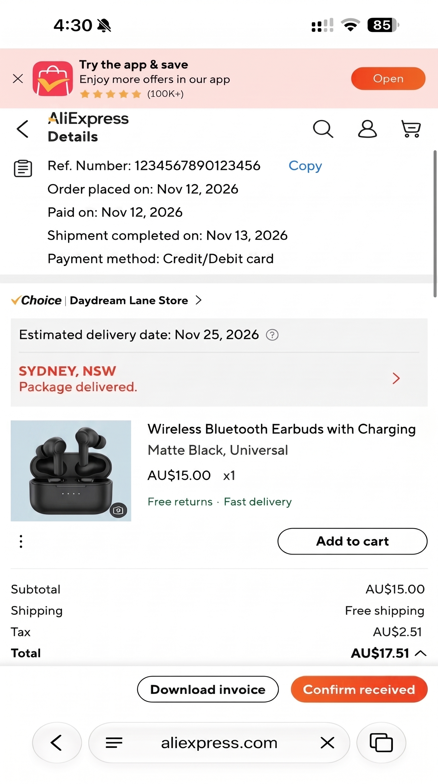 Beispiel einer AliExpress-Bestellbestätigung (mit Bestellnummer, Bestelldatum und Zahlungsbetrag)