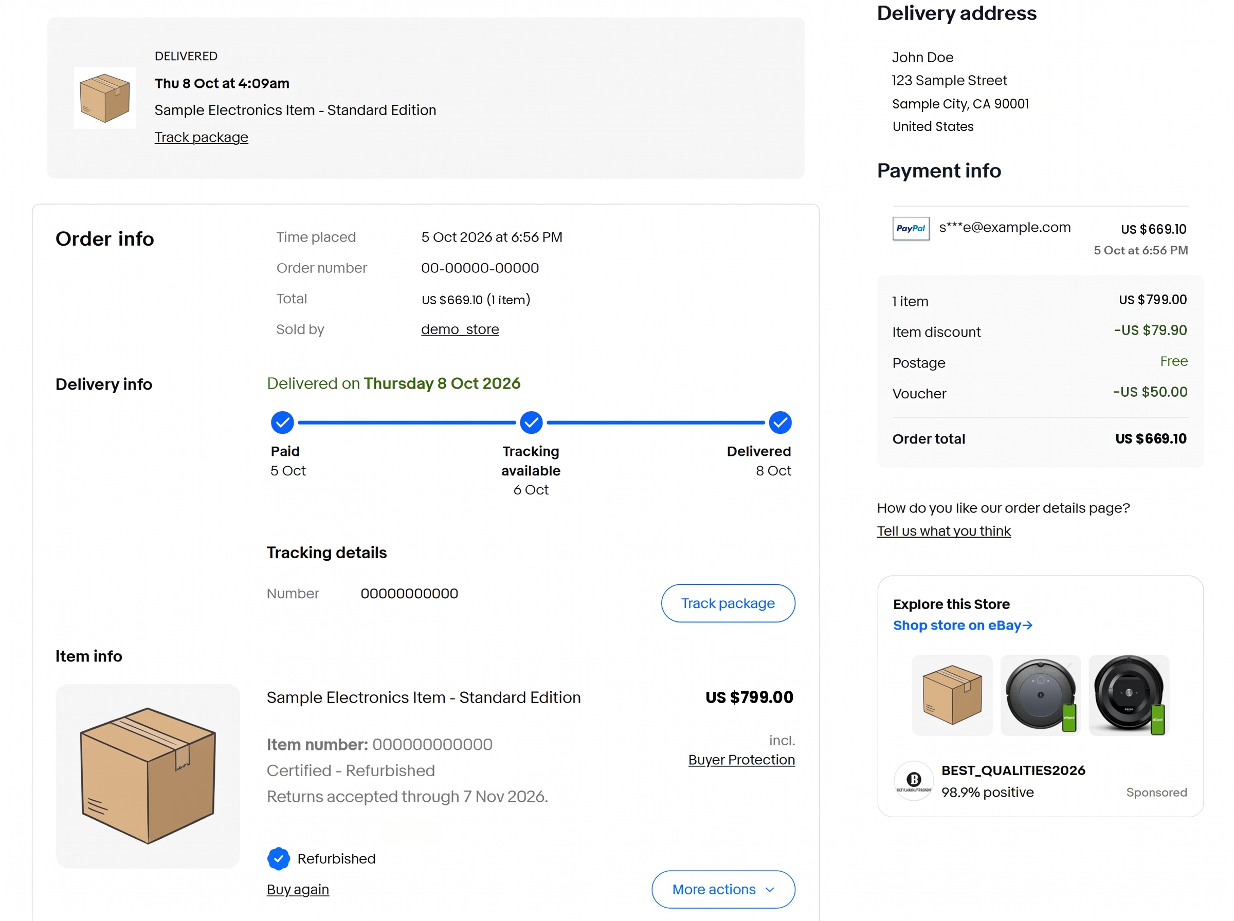 Beispiel einer eBay-Bestellbestätigung (mit Bestellnummer, Bestelldatum und Zahlungsbetrag)